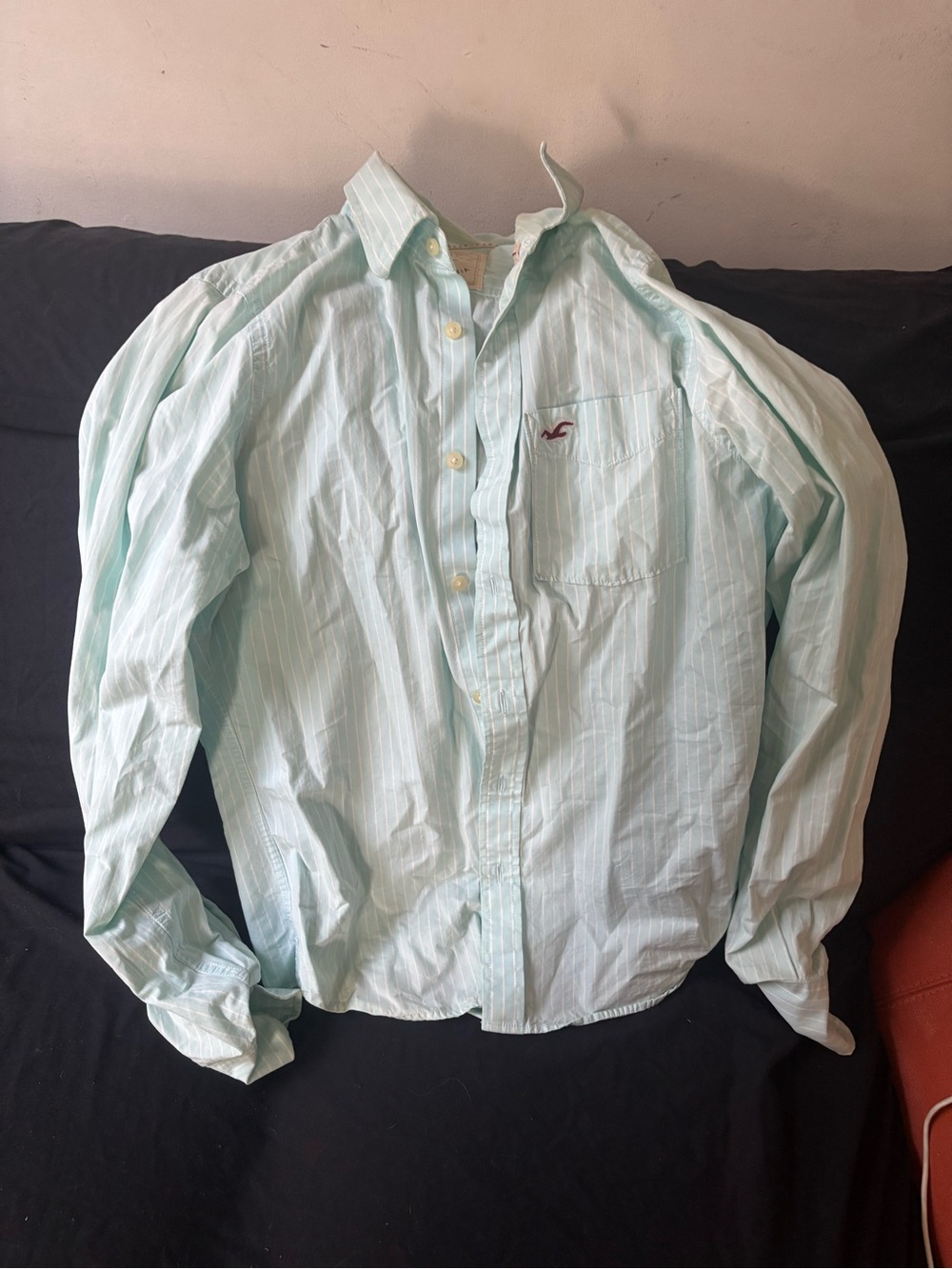 Hollister Men's Mint Green Striped Button-Down Shirt